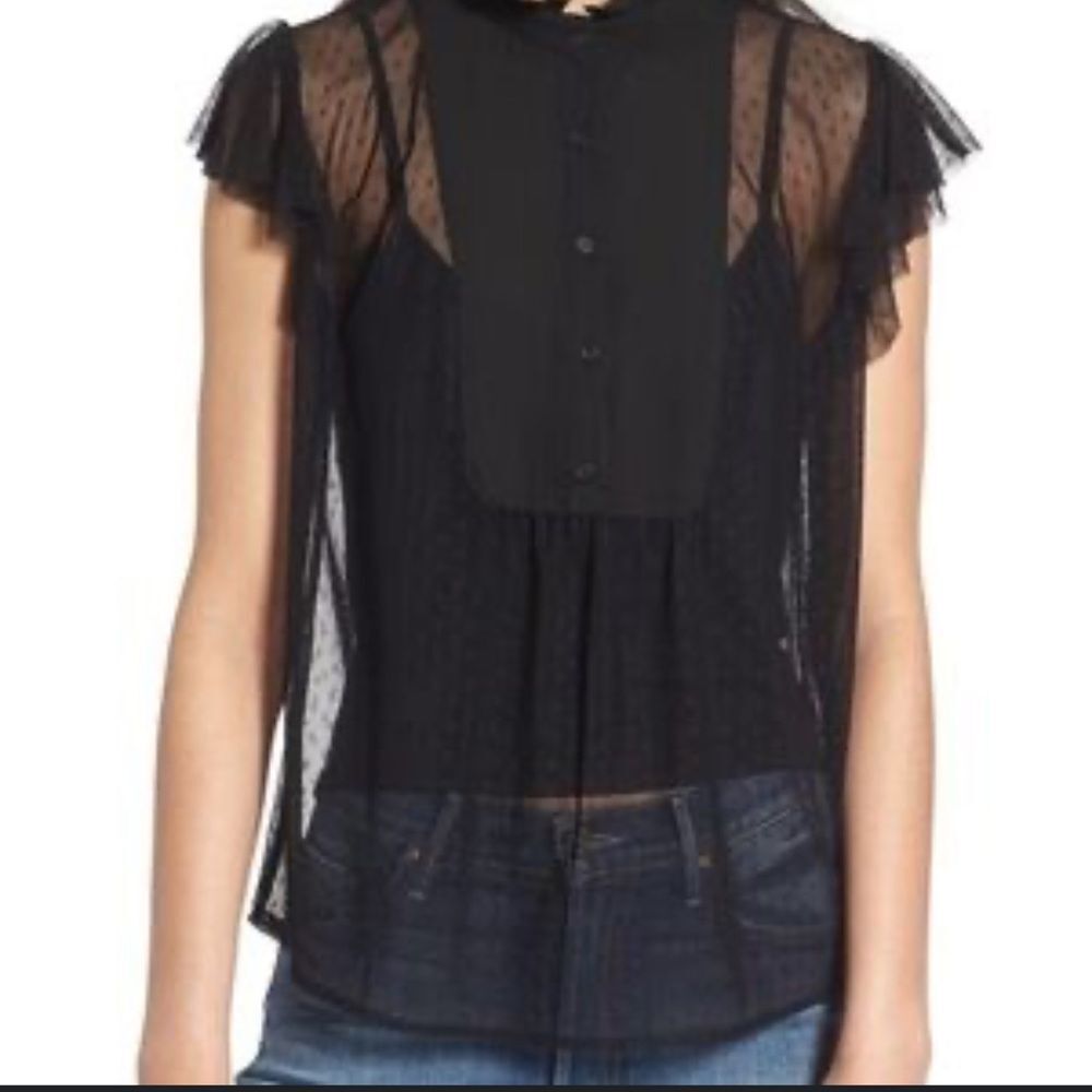Hinge Black Lace Short Sleeve Shirt Size XS